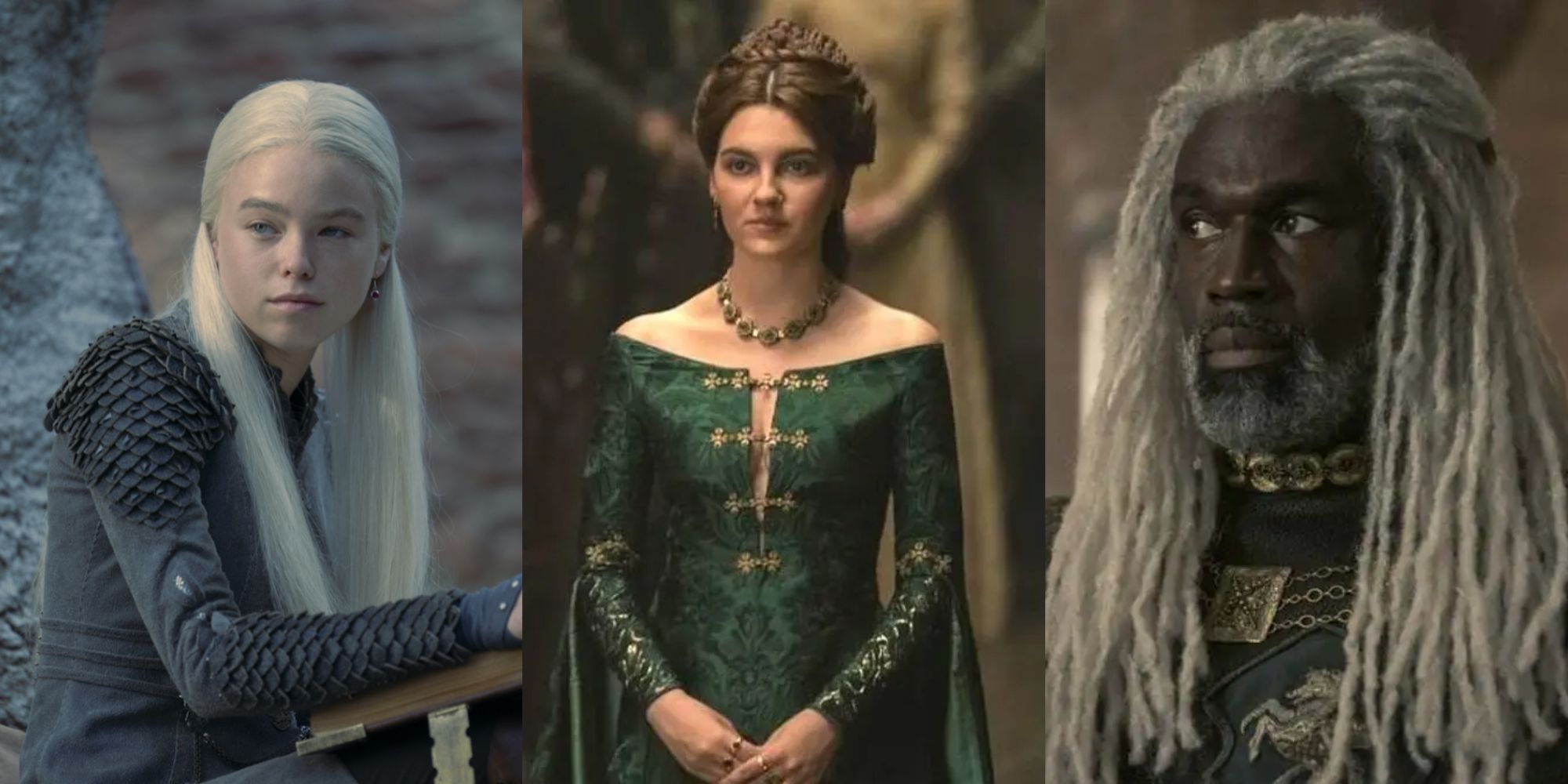 Split image of Rhaenyra ​​​​​​​Targaryen, Alicent Hightower and Corlys Velaryon feature
